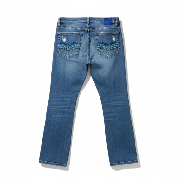 Pepe Jeans London Distressed Blue Fade Vintage Pocket Folk Art Boot, Size 12 - Picture 2 of 12